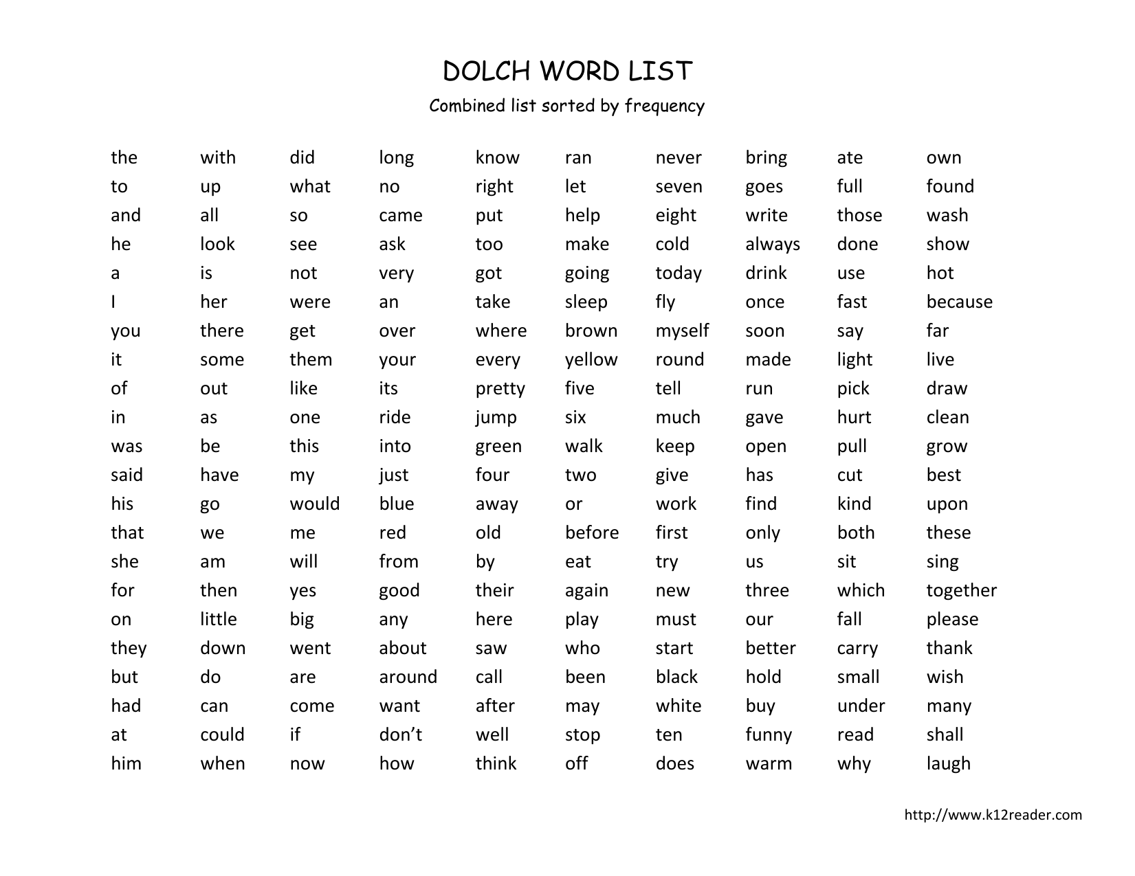 DOLCH WORD LIST