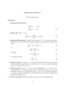 MA1S11 Tutorial Sheet 7 24-27 November 2015 Useful facts: • Trigonometric functions