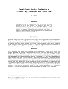 Small Grains Variety Evaluation at Arizona City, Maricopa, and Yuma, 2002  Summary