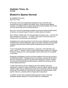 Biotech's Sparse Harvest Gadsden Times, AL