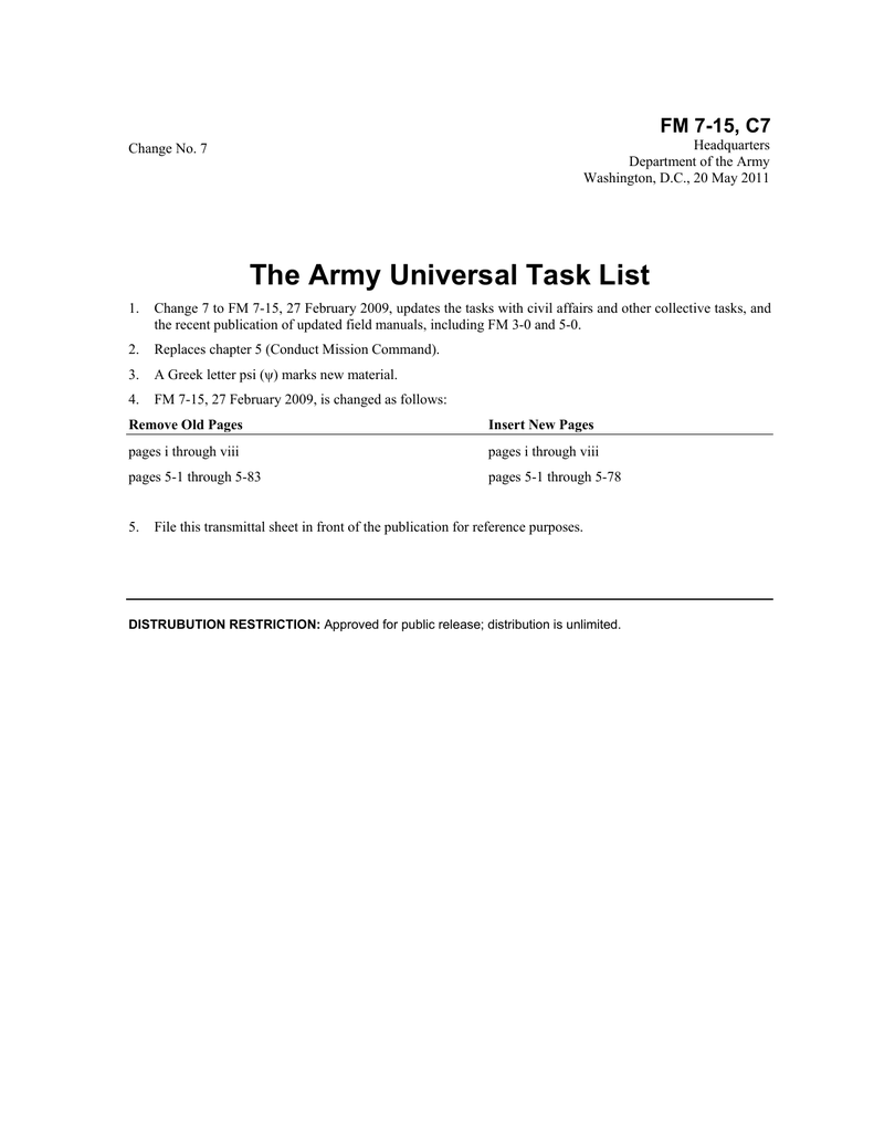 The Army Universal Task List FM 715, C7