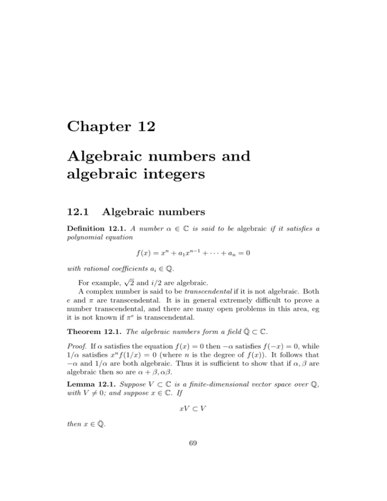 Chapter 12 Algebraic Numbers And Algebraic Integers 12 1