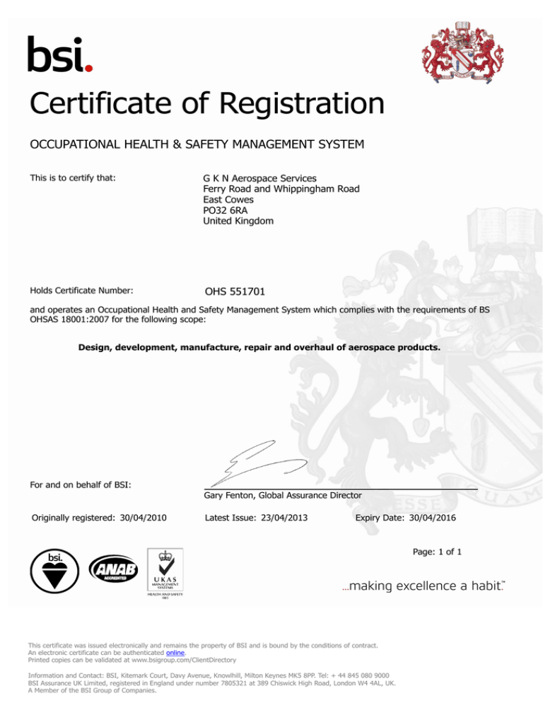 Certificate Of Registration Occupational Health And Safety Management System Ohs 551701 