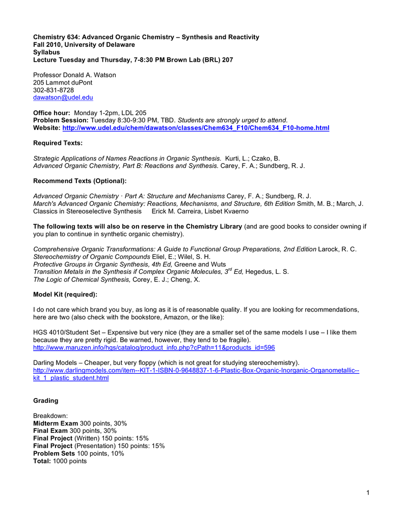 Chemistry 634 Advanced Organic Chemistry Synthesis And - 