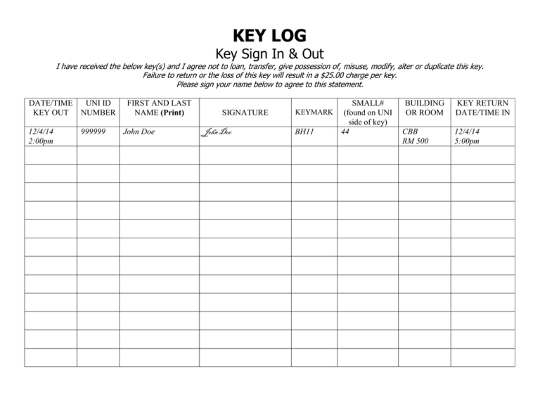 Blank Printable Key Log Sheet Form Images Printable Forms Free Online