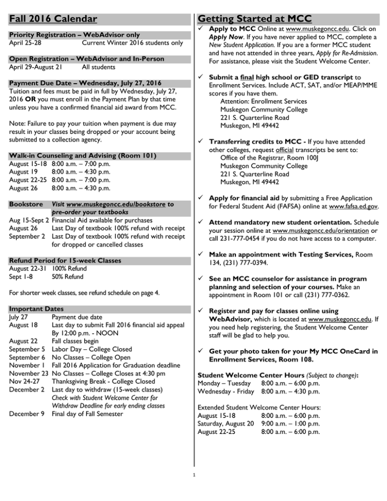 Fall 2016 Calendar Getting Started at MCC