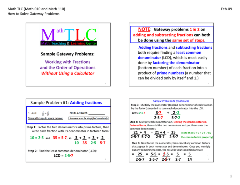 NOTE Sample Gateway Problems Working With Fractions