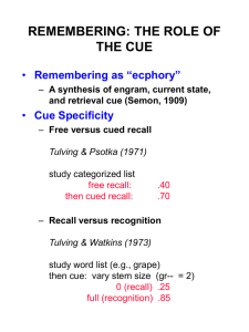 REMEMBERING: THE ROLE OF THE CUE Remembering as “ecphory” Cue Specificity