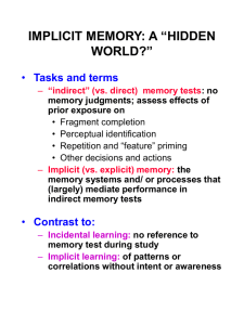 IMPLICIT MEMORY: A “HIDDEN WORLD?” Tasks and terms