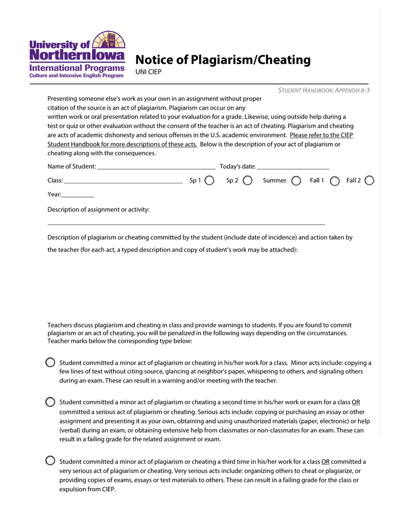Notice of Plagiarism/Cheating S H