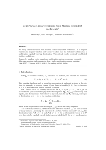 Multivariate linear recursions with Markov-dependent coeﬃcients