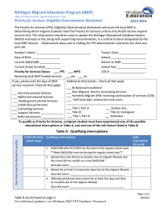 Michigan Migrant Education Program (MEP) 2013-2014 Priority for Services: Eligibility Determination Worksheet