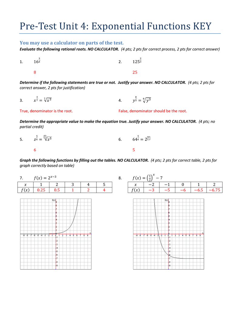 Pre-Test Unit 11: Exponential Functions KEY You may use a With Exponential Functions Worksheet Answers