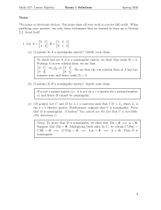 Math 317: Linear Algebra Exam 1 Solutions Spring 2016 Name: