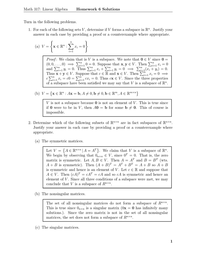 Math 317 Linear Algebra Homework 6 Solutions Turn In The Following Problems