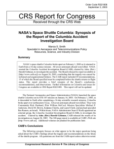 CRS Report for Congress NASA’s Space Shuttle Columbia: Synopsis of Investigation Board