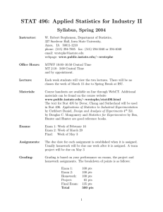 STAT 496: Applied Statistics for Industry II Syllabus, Spring 2004