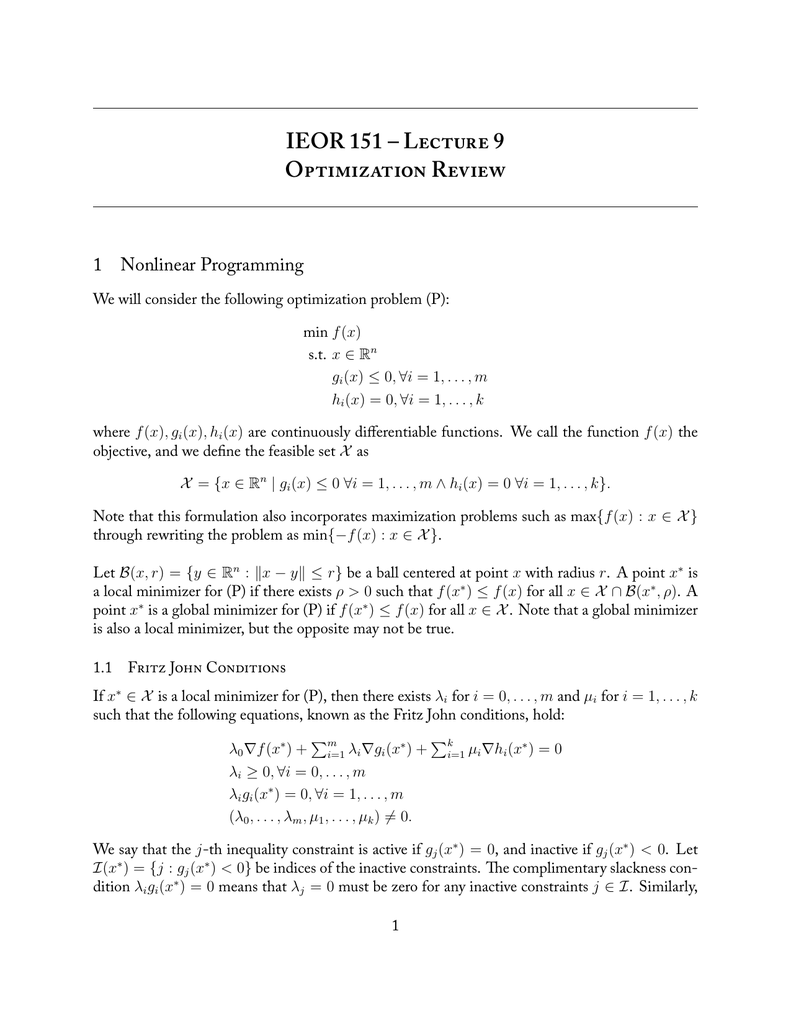 Ieor 151 L 9 O R 1 Nonlinear Programming