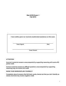 Stat 401B Exam 1 Fall 2015