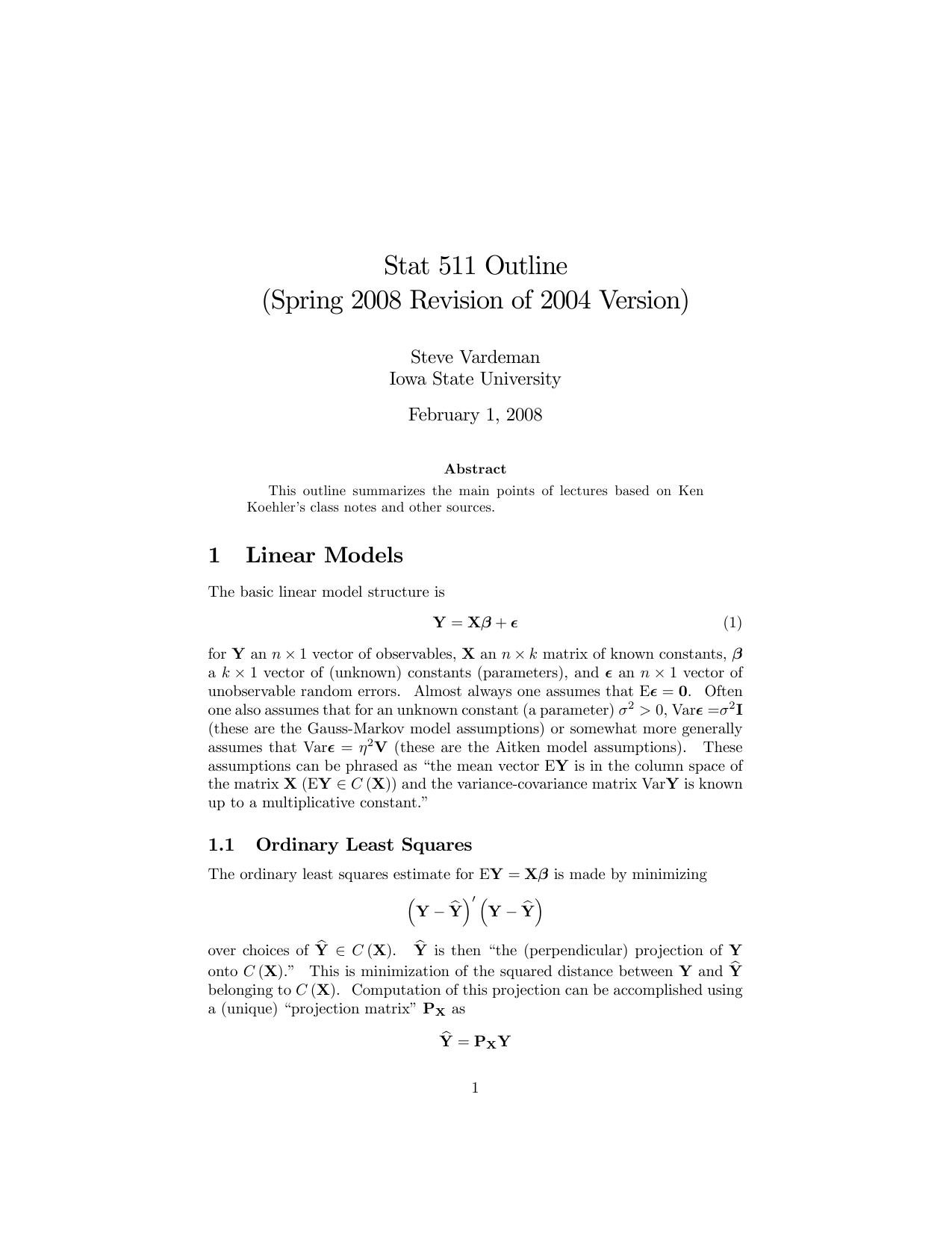 Stat 511 Outline Spring 08 Revision Of 04 Version Steve Vardeman