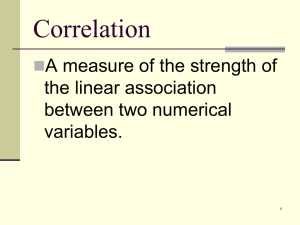 Correlation A measure of the strength of the linear association between two numerical