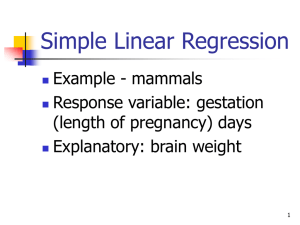Simple Linear Regression Example - mammals Response variable: gestation (length of pregnancy) days