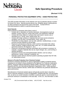 Safe Operating Procedure  (Revised 11/15) PERSONAL PROTECTIVE EQUIPMENT (PPE) – HAND PROTECTION