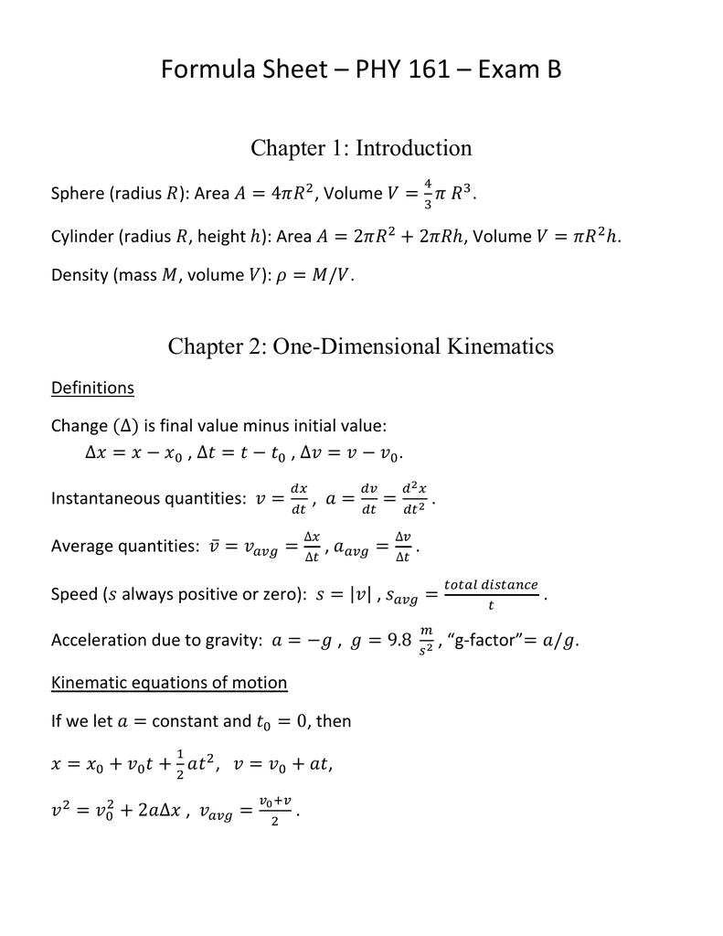 Formula Sheet Phy 161 Exam B Chapter 1 Introduction