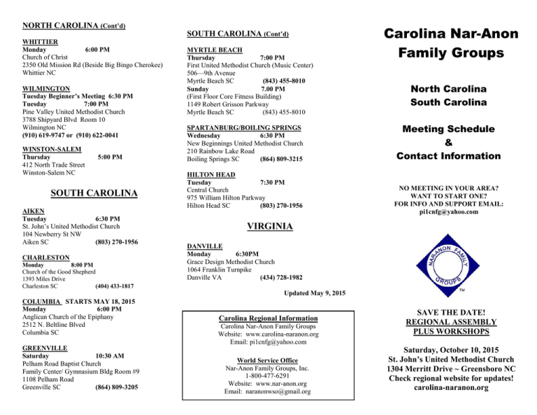 Carolina Nar-Anon Family Groups NORTH CAROLINA SOUTH CAROLINA