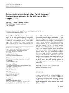 Pre-spawning migration of adult Pacific lamprey, Oregon, U.S.A.