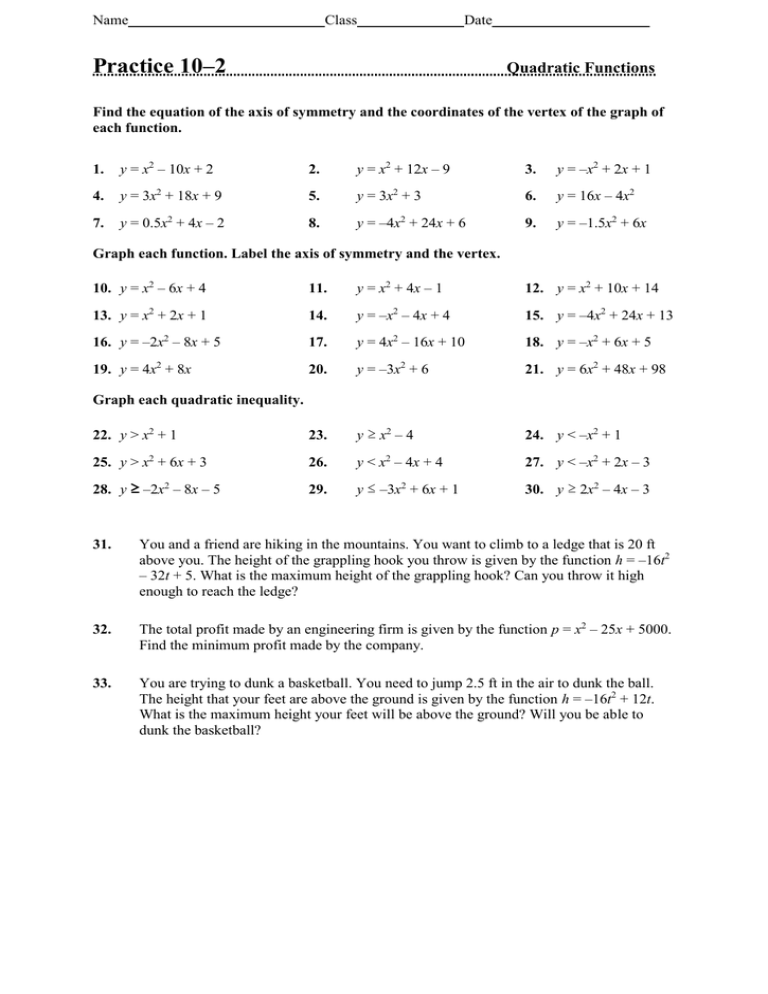 Practice 10 2 Quadratic Functions