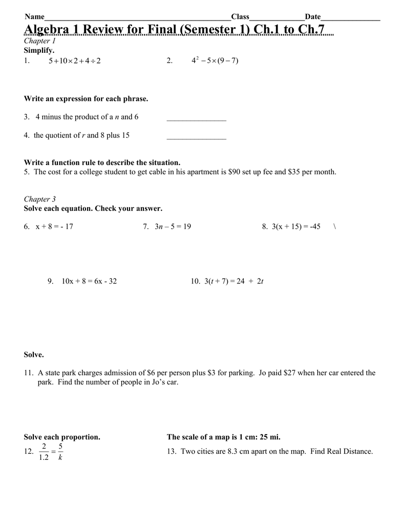 Algebra 11111111 Review for Final (Semester 11111111) Ch.11111111 to Ch.11 Inside Algebra 1 Review Worksheet