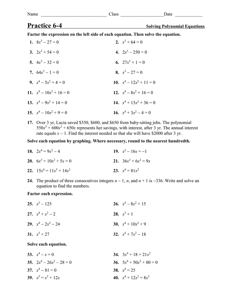 Practice 20-20 Within Solving Polynomial Equations Worksheet Answers