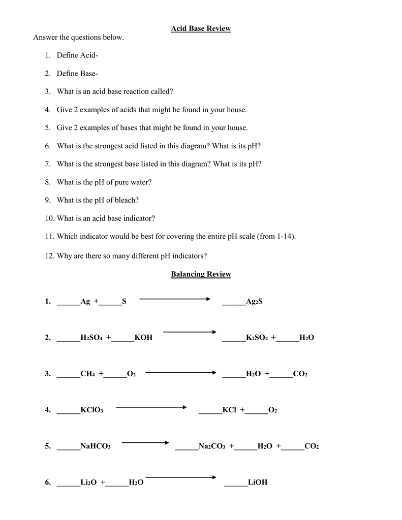 Acid Base Review Answer The Questions Below 1 Define Acid 
