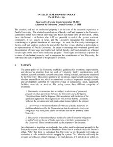 INTELLECTUAL PROPERTY POLICY Pacific University  Approved by Faculty Senate September 22, 2011
