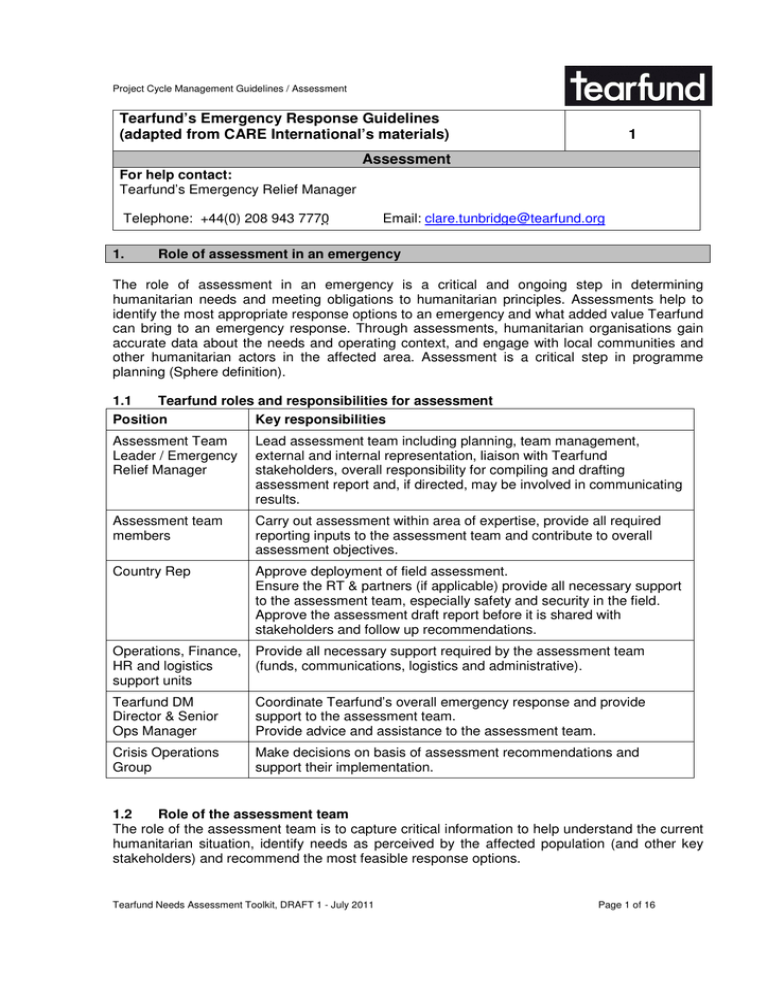 Tearfund’s Emergency Response Guidelines (adapted From CARE ...