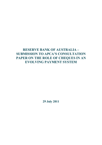 RESERVE BANK OF AUSTRALIA – SUBMISSION TO APCA’S CONSULTATION EVOLVING PAYMENT SYSTEM
