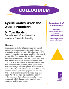 COLLOQUIUM Cyclic Codes Over the 2-adic Numbers Dr. Tom Blackford