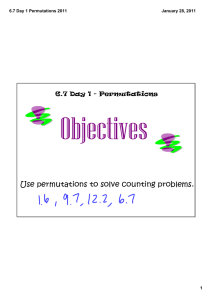 Objectives Use permutations to solve counting problems. 6.7 Day 1 ‐ Permutations 6.7 Day 1 Permutations 2011