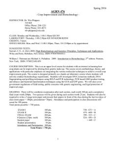 AGRN 476 Spring 2016 - Crop Improvement and Biotechnology -