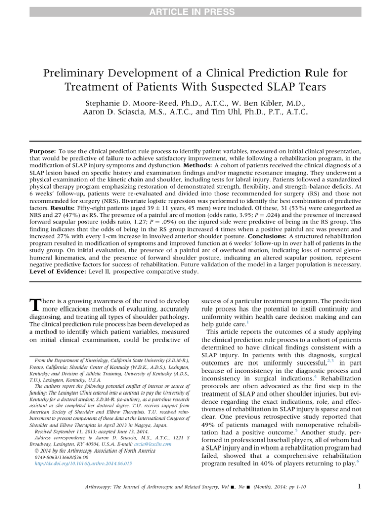 Preliminary Development Of A Clinical Prediction Rule For