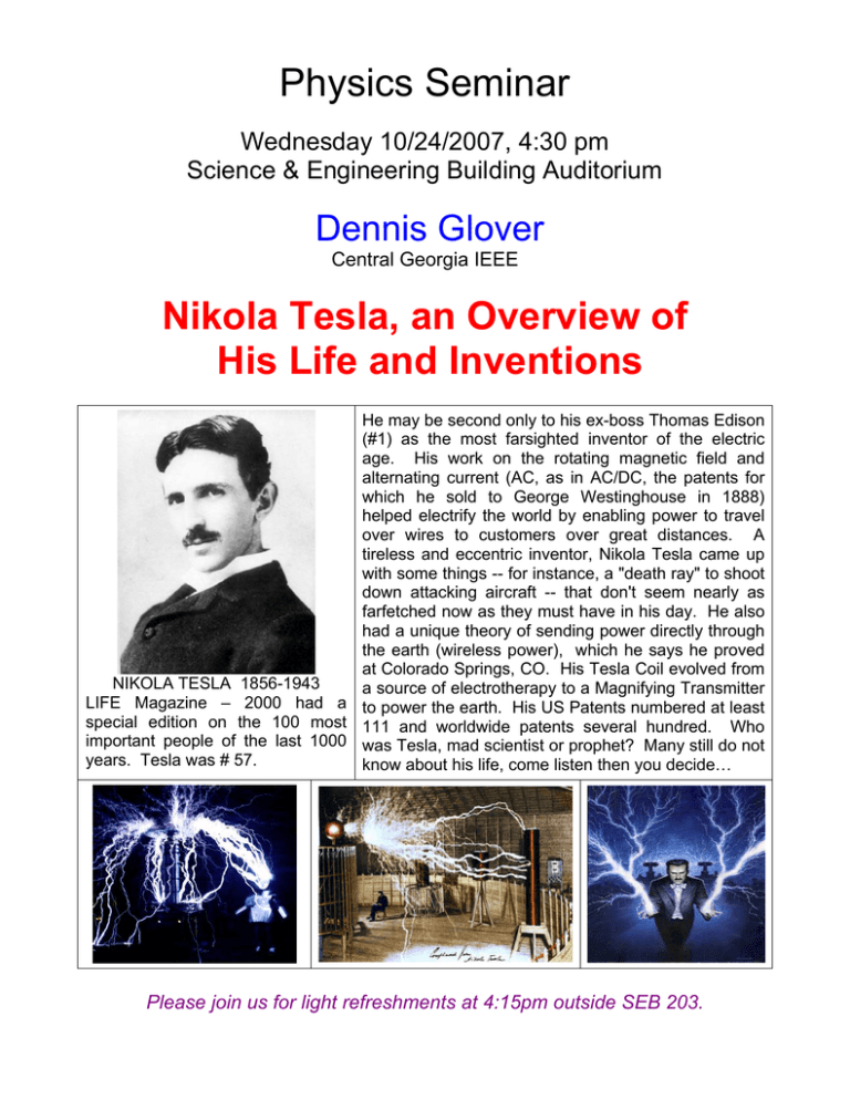 Physics Seminar Nikola Tesla, an Overview of His Life and Inventions