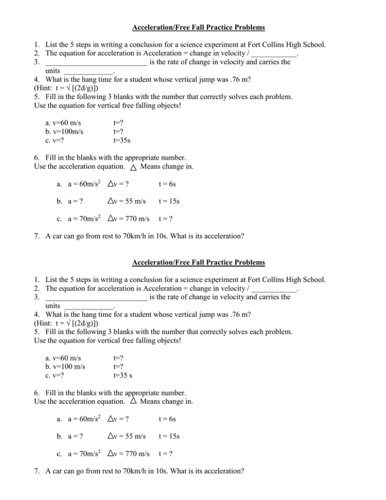 Acceleration Free Fall Practice Problems
