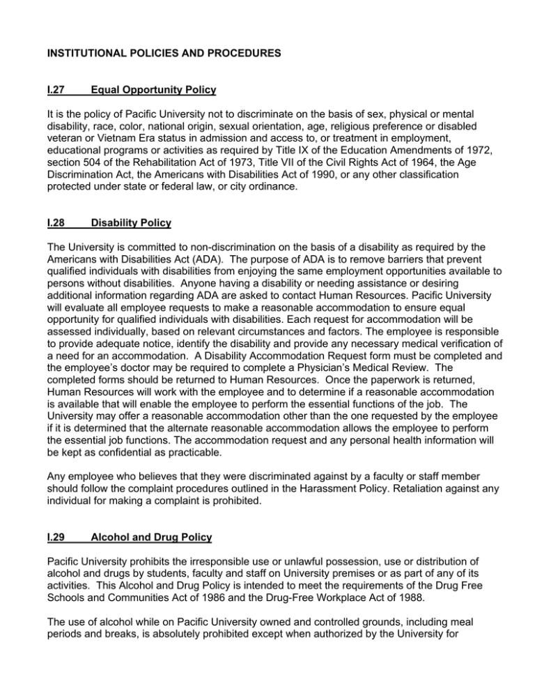 INSTITUTIONAL POLICIES AND PROCEDURES INSTITUTIONAL POLICIES AND PROCEDURES