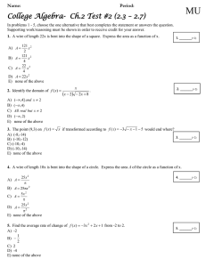 College Algebra-  Ch.2 Test #2 (2.3 – 2.7)
