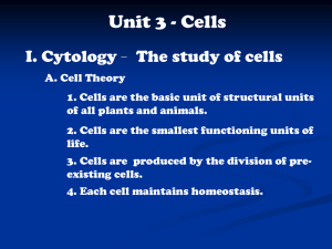 Unit 3 - Cells I. Cytology - The study of cells