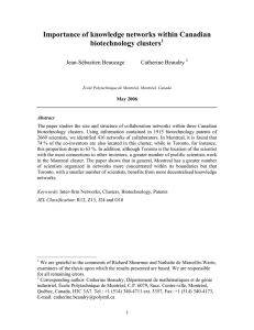 Importance of knowledge networks within Canadian biotechnology clusters  Jean-Sébastien Beaucage