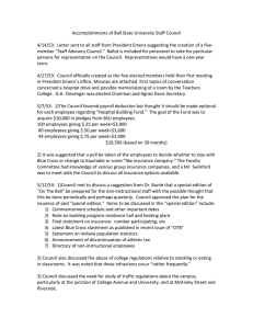 Accomplishments of Ball State University Staff Council    4/14/53:  Letter sent to all staff from President Emens suggesting the creation of a five‐