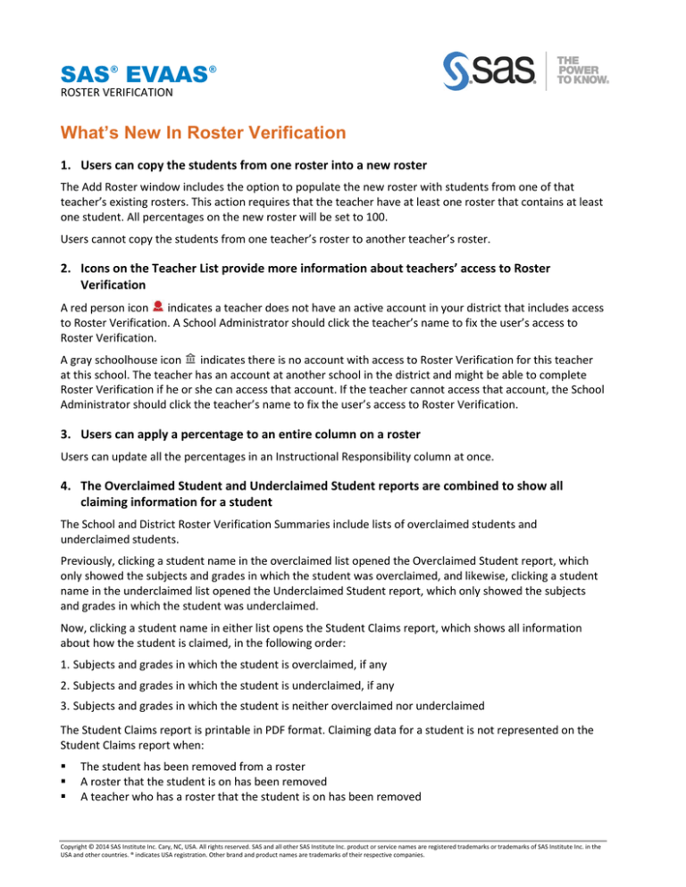 SAS EVAAS What s New In Roster Verification