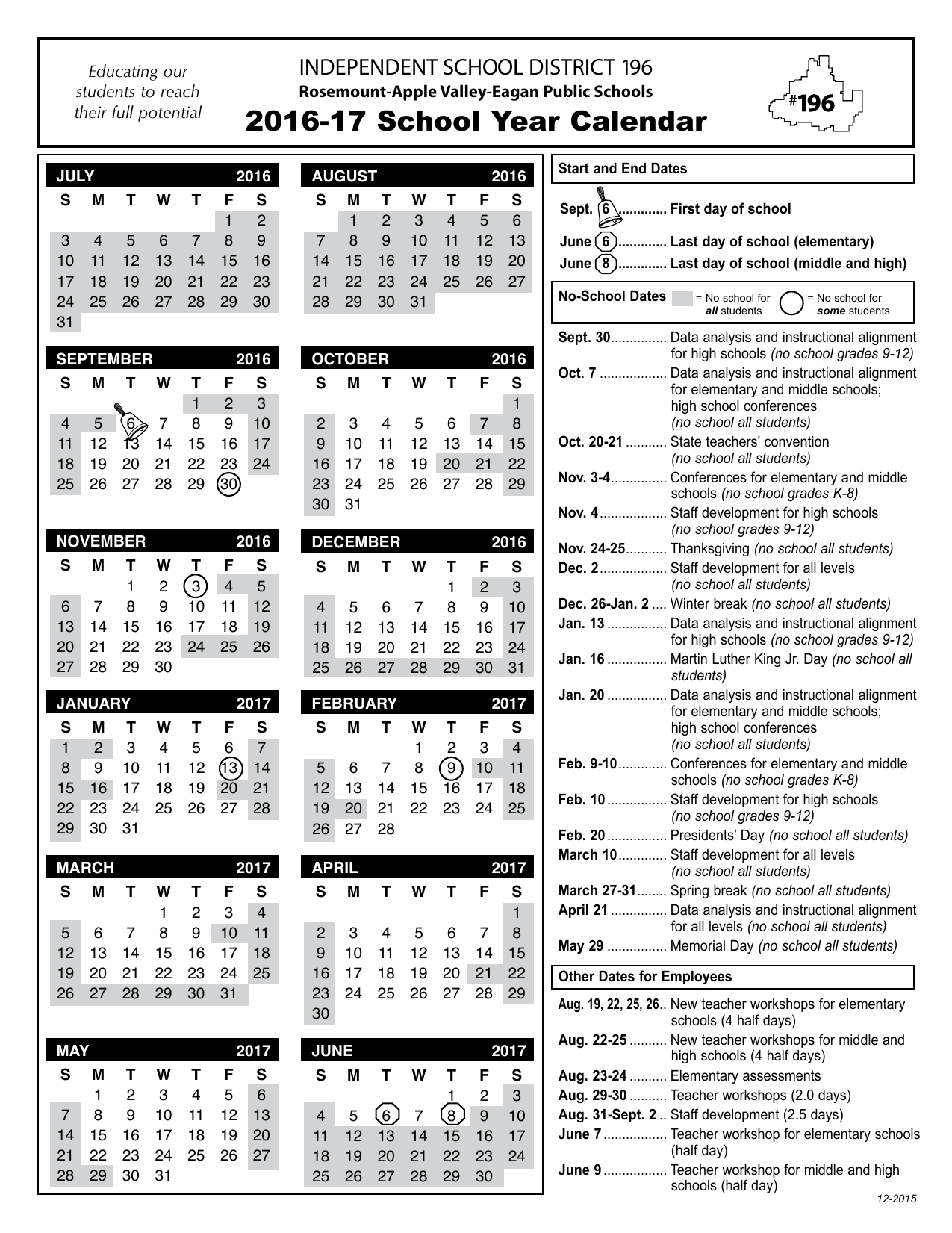 2016-17 School Year Calendar INDEPENDENT SCHOOL DISTRICT 196 Rosemount ...